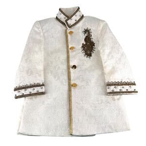 Boys White Sherwani Jacket Beaded Embroidery Gold Buttons 14" Chest